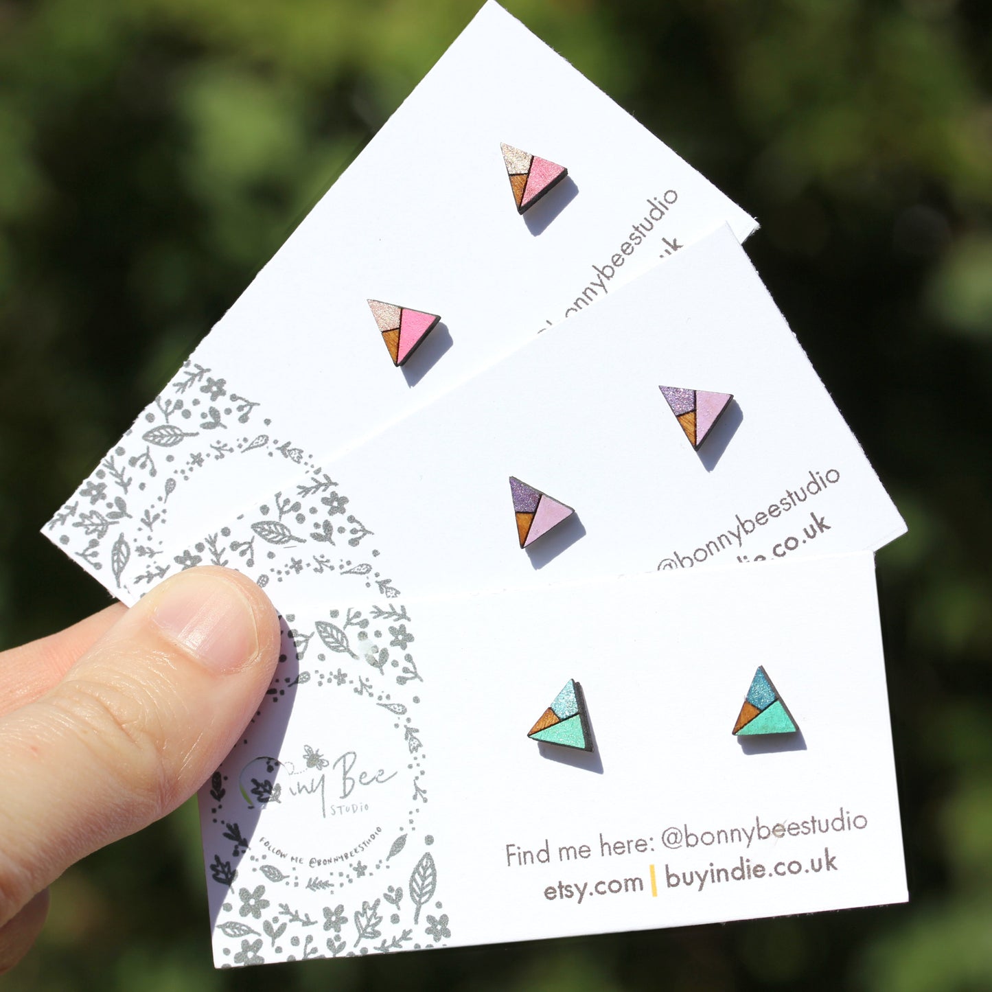 Misty Mountain - Teal, Purple, Pink Wooden Stud Earrings image 0