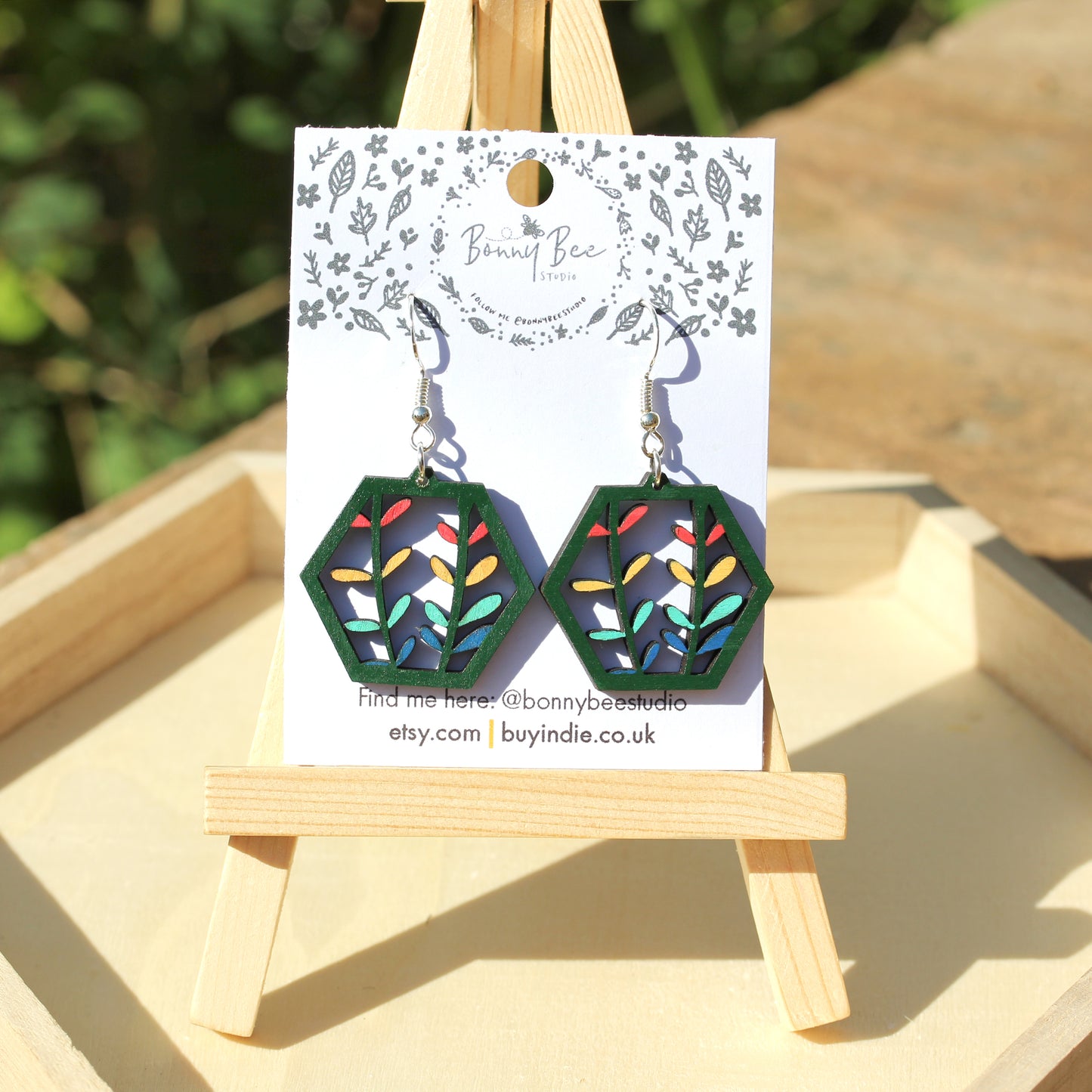 Botanical Floral Wooden Dangle Earrings image 1