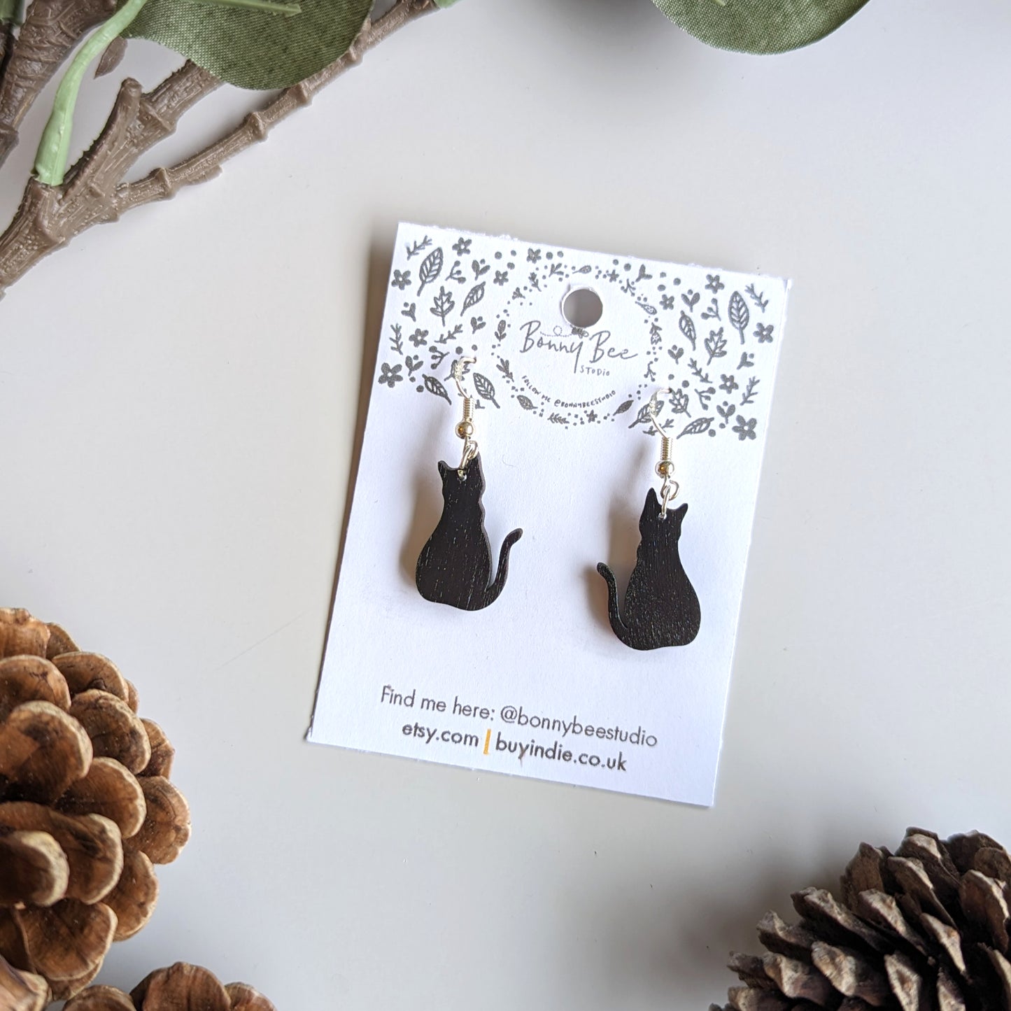 Black Kitty Cat Wooden Dangle Earrings image 0