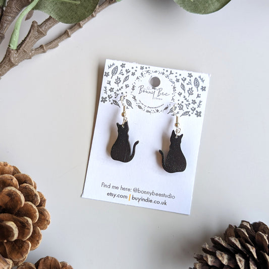 Black Kitty Cat Wooden Dangle Earrings image 0