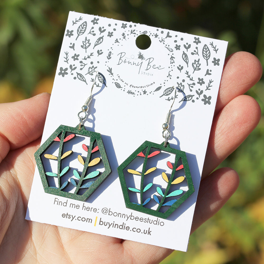 Botanical Floral Wooden Dangle Earrings image 0