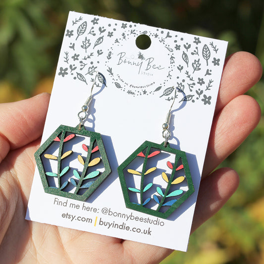 Botanical Floral Wooden Dangle Earrings image 0