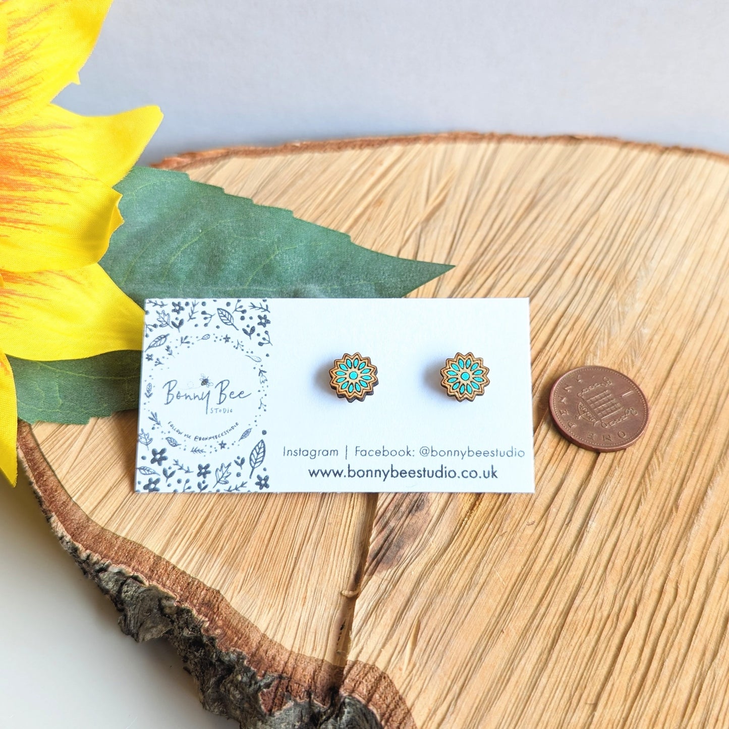 Floral Mandela Wooden Stud Earrings image 1