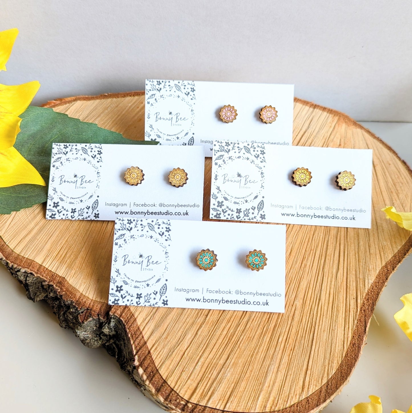 Floral Mandela Wooden Stud Earrings image 0