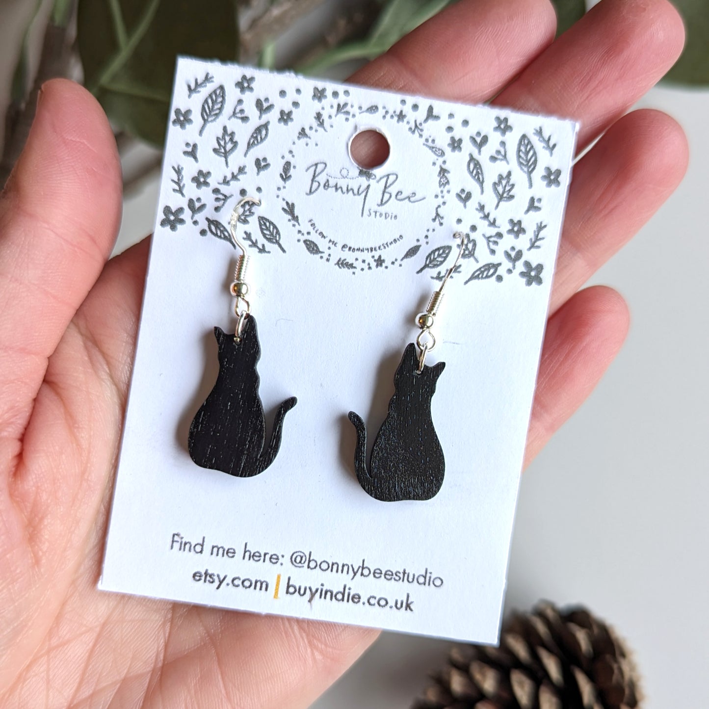 Black Kitty Cat Wooden Dangle Earrings image 1