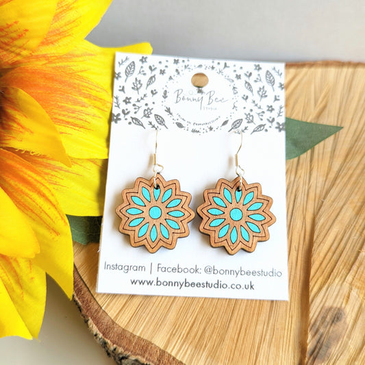 Floral Mandela Wooden Dangle Earrings image 0