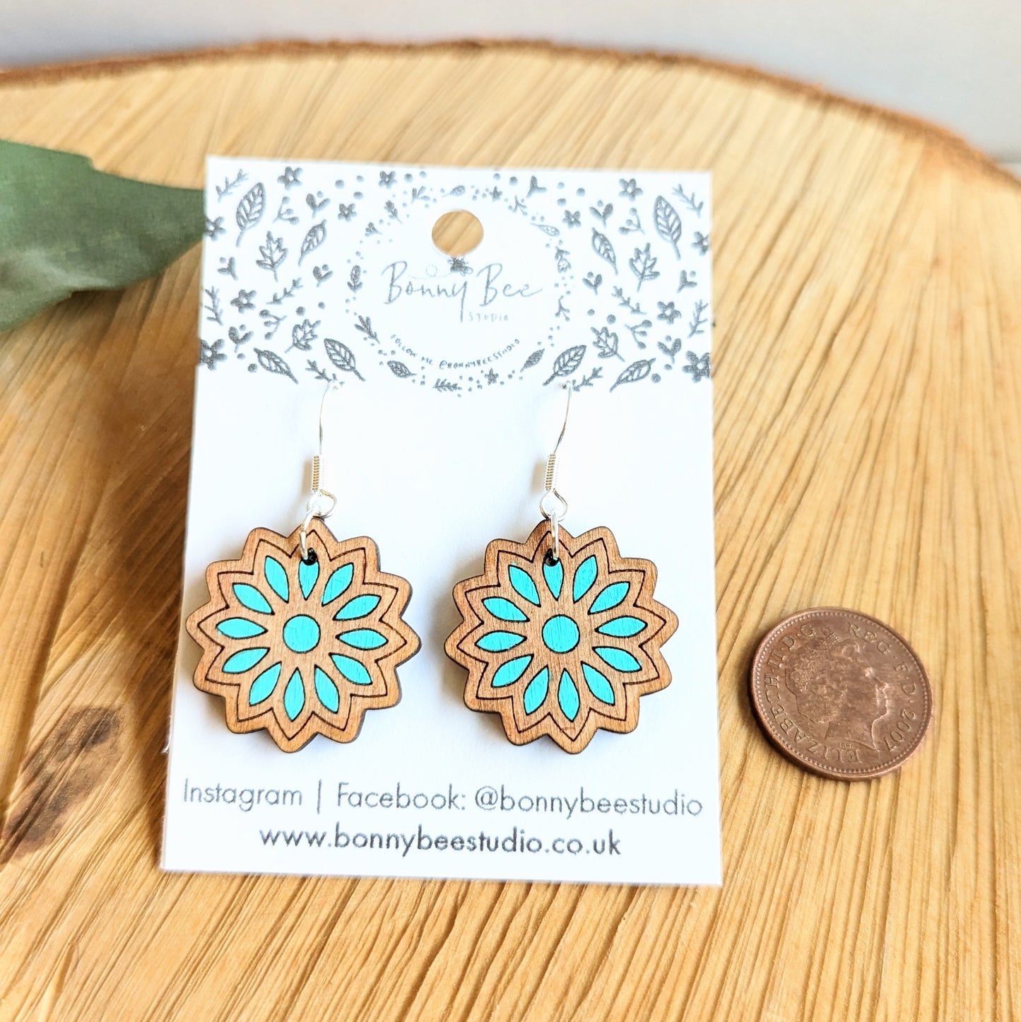 Floral Mandela Wooden Dangle Earrings image 1